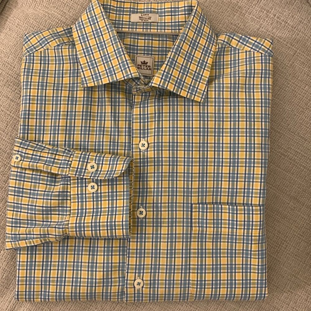Peter Millar Cotton Long Sleeve Button Down Green Yellow Men’s Shirt Size L